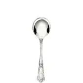 Silver soup spoon with rounded bowl and ornate Victorian handle, featuring scrolling floral motifs and a polished reflective sheen.