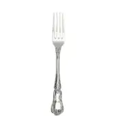 Silver fork with four tines and ornate floral handle, polished reflective metal, traditional fine dining cutlery against white backdrop.