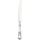 Silver table knife with curved blade and ornate handle featuring embossed floral motifs, studio shot on white background.