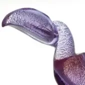 Glass toucan sculpture, alexandrite & silver finish, curved beak transitioning from purple to lavender, speckled texture.