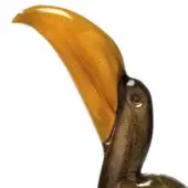 Toucan figurine, black and gold, glossy metallic finish with translucent gold beak and white eye detail in profile view.
