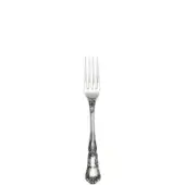 Silver fruit fork with ornate handle, featuring scrolling floral patterns and a polished finish against a white backdrop.