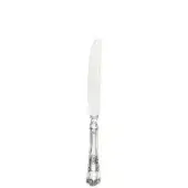 Silver fruit knife with curved blade and ornate floral handle, detailed scrolling leaves, polished sheen, studio product shot.