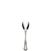 Silver ice cream spoon with rounded bowl, slender handle, and floral scrollwork detailing against a white backdrop.