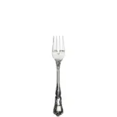 Silver fish fork with scrolled handle, floral pattern, polished metal, and oval detail against a white backdrop.