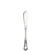 Silver fish knife with curved blade, floral handle, embossed scrollwork, and polished finish for serving fish.