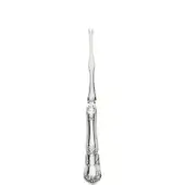 Silver lobster fork with slender, notched tine and ornate floral handle, polished metal, classic formal dining cutlery.