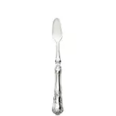Silver shellfish knife with curved blade, ornate floral handle, and polished sterling silver finish, studio shot.