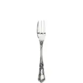 Silver dessert fork with floral handle, slender three-prong design, polished metal, repeating leaf pattern, pointed terminal.