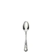 Silver teaspoon with polished reflective surface, oval bowl, ornate vintage handle featuring scrolling floral motifs and tapered pointed end.