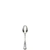 Silver coffee spoon with oval bowl, slender handle, and raised floral detailing, displayed on a white background.