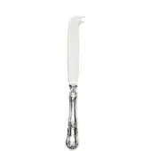 Silver cheese knife with flat blade, forked tip, and ornate floral handle; polished metal reflects light in studio setting.