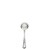 Silver cheese spoon with scalloped grating bowl and floral handle, polished reflective finish, vintage ornate design.
