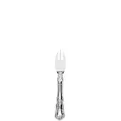 Silver parmesan fork with three tines, ornate handle, curvilinear floral detailing, and polished high-shine finish against a white backdrop.