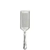 Parmesan grater, stainless steel and silver, rectangular shape with scrolled handle and etched “GIUSEPPE MORETTI 1902” text, polished finish.