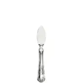 Silver parmesan knife, teardrop blade, ornate floral handle, polished metallic finish, detailed scrolling motifs, repeating pattern, white background.