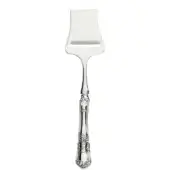 Parmesan cheese slicer, silver-toned metal, rectangular blade with curved edge and ornate floral handle design.