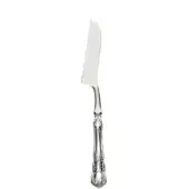 Silver cheese knife with curved blade, ornate floral handle, and polished finish displayed on a white background.
