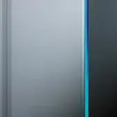Gray wall panels, tempered glass “takto adagio” detail, vertical iridescent blue light gradient, matte and smooth finish.