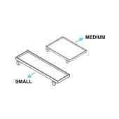 Rectangular tray set, black line drawing, two trays—small elongated, medium square—with raised borders and legs, labeled with blue arrows.