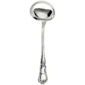 Silver ladle with oval bowl, polished reflective surface, and scrolling floral handle design, exhibiting traditional craftsmanship.