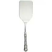 Silver lasagna server, rectangular blade, ornate scrolled handle, polished metal, floral motif, formal dining utensil, studio shot.