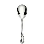 Silver serving spoon, polished oval bowl, floral handle detailing, slender design, reflective surface, stainless steel, traditional aesthetic.