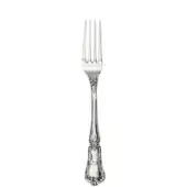 Silver serving fork with four tines, slender neck, and ornate handle featuring scrolling floral and leaf motifs, polished sheen.