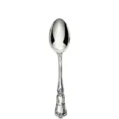 Silver serving spoon with polished oval bowl and ornate floral handle in raised relief, sterling silver, classic design.
