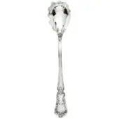 Silver spaghetti serving spoon with scalloped bowl, ornate floral handle, polished reflective finish, and repeating pattern details.