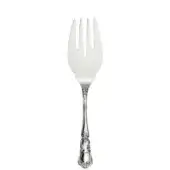 Silver fish server fork, ornate vintage design, polished metal, three-prong head, scrolling floral handle, rounded end, studio shot.