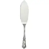 Silver fish server knife with curved blade, ornate floral handle, and polished finish against a white backdrop.