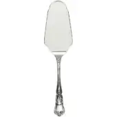 Silver-plated cake server with scalloped blade, ornate floral handle, and polished sheen against a white backdrop.