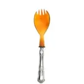 Salad fork with orange resin bowl and four tines, silver handle featuring embossed floral scrollwork, studio shot on white background.