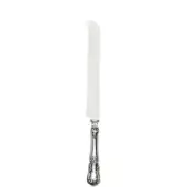 Silver bread knife with stainless steel serrated blade and ornate floral handle, Zwilling brand embossed along the length.