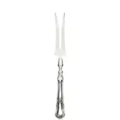 Silver carving fork with slender, embossed handle and scrolled terminal, polished metal, parallel tines, formal dining utensil.
