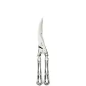 Poultry sheers, silver-toned metal, rococo handles with floral motifs and claw feet, stainless steel serrated blades, polished finish.
