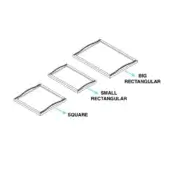 Onda tray set illustration: light gray metal trays—big rectangular, small rectangular, square—with dark gray raised borders, white background.