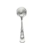 Silver bread tongs with polished reflective surface, featuring scalloped fan head and ornate floral handle design.