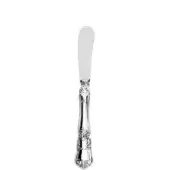 Silver butter knife, rococo handle with floral details, polished rectangular blade stamped “LCA”, bright reflective sheen, studio lighting.