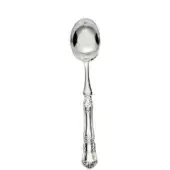 Silver ice cream spoon with rounded bowl, ornate floral handle, and polished metallic sheen against a white backdrop.