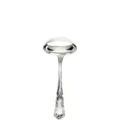 Silver sauce ladle with rounded bowl and slender handle featuring scrolling floral pattern, polished sheen, traditional design.