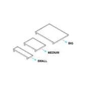Rectangular trays, silver metal frames, clear panes, isometric view, graduated sizes labeled “BIG,” “MEDIUM,” “SMALL,” minimalist design, Rialto set.