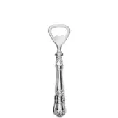 Silver bottle opener with curved handle, ornate floral detailing, and polished reflective surface against a white backdrop.
