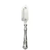Silver lemon peeler with stainless steel blade, floral patterned handle, and pointed ornate end, studio product shot.