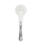 Pizza cutter, silver-toned metal, ornate floral handle with teardrop base and four-inch circular stainless steel cutting wheel.
