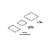 Paul tray set, light gray metallic square frames, large square, small square, and rectangular tray, isometric product presentation.