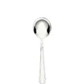 Silver soup spoon with rounded bowl and faceted handle, displaying a polished metallic sheen against a white backdrop.