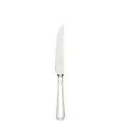 Stainless steel steak knife with curved blade, polished finish, and ridged, elongated handle against a white background.