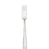 Table fork, polished metal, geometric handle with faceted base and four slender tines against a white backdrop.